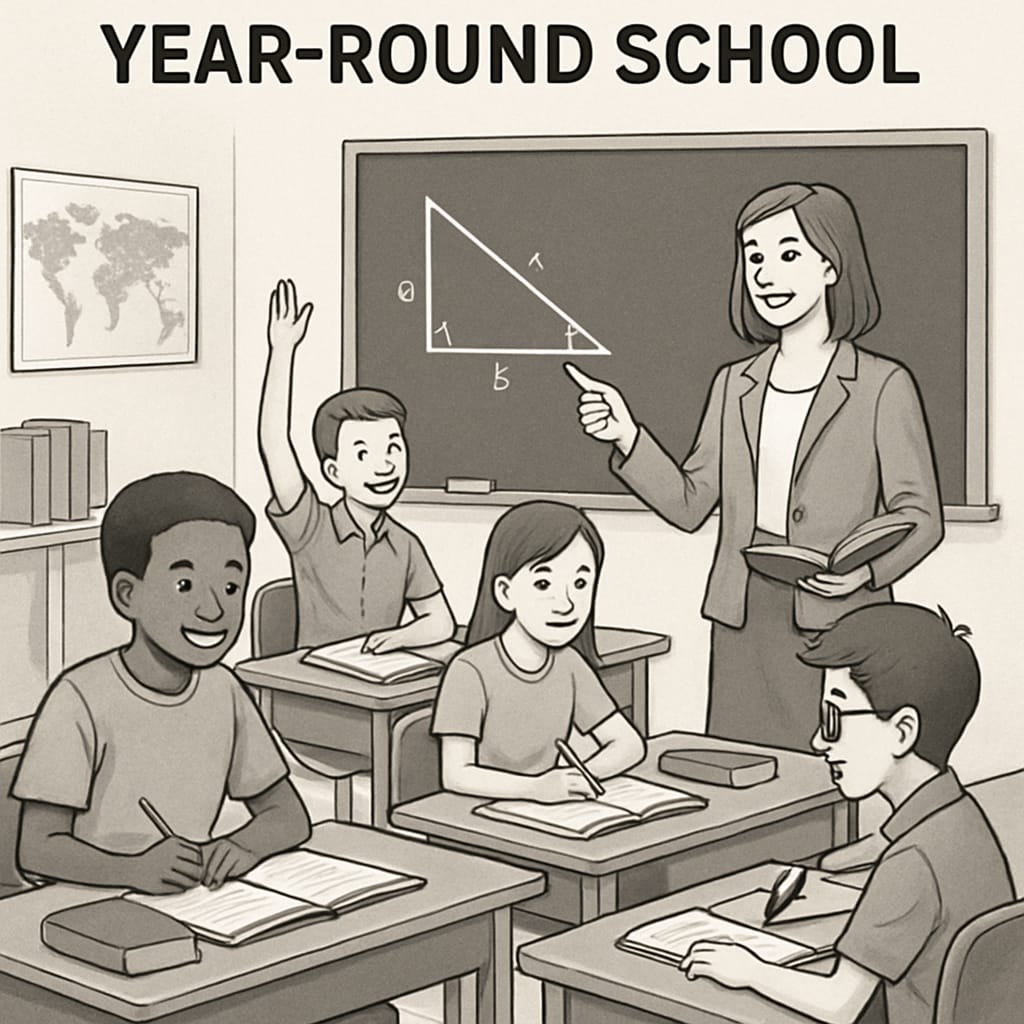 A classroom setting showing students actively learning during a year-round school session. Students learning in a year-round school environment to prevent summer slide.