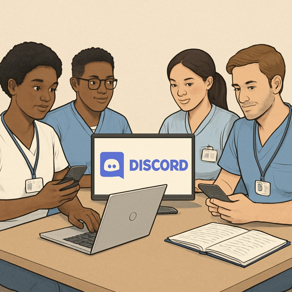A diverse group of nursing students engaging in a virtual study session via Discord, showcasing laptops and smartphones. Nursing students in a virtual study session using Discord.