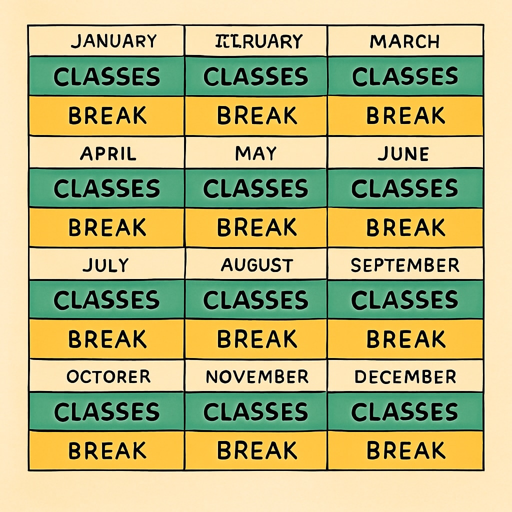 A visual calendar illustrating a year-round school schedule with alternating weeks of classes and breaks. Year-round school calendar showcasing balanced learning and vacation periods.