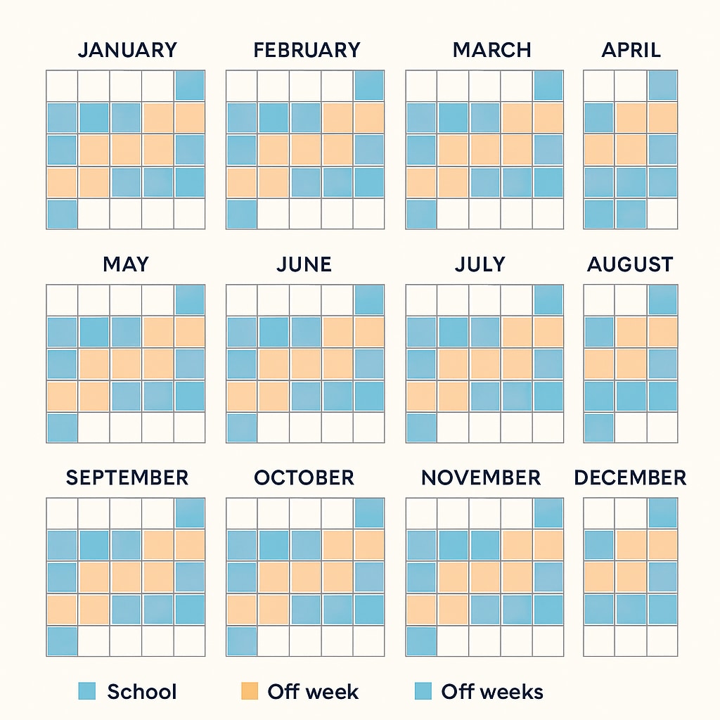 A calendar displaying a balanced year-round school schedule, illustrating the one-week-on, one-week-off approach. Year-round schooling, learning retention, summer break alternatives calendar image