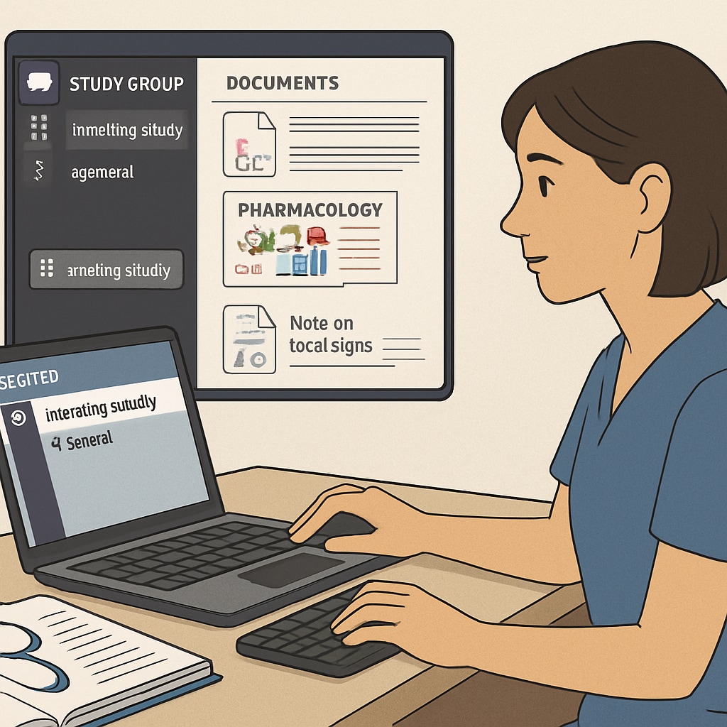 A close-up of a nursing student organizing study materials in a Discord channel, highlighting shared documents and visual aids. Nursing student using Discord for study materials organization.