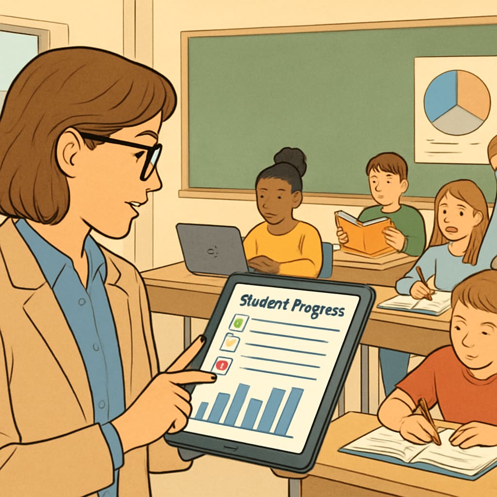 A teacher using an interactive tablet to track student progress on a digital platform. Educator monitoring student engagement through a digital learning tool.