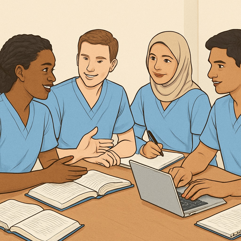 Nursing students in a study group, highlighting collaboration and community learning.