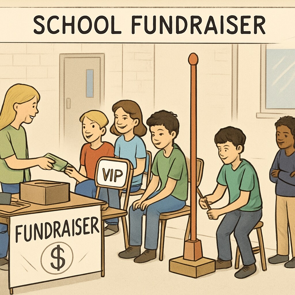 Students enjoying exclusive privileges at a school fundraising event, highlighting inequality.
