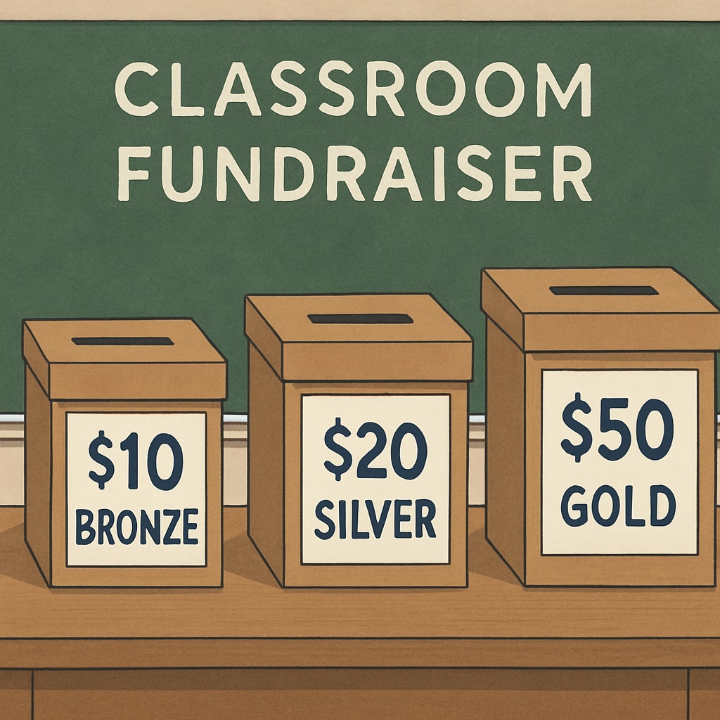 Donation boxes with tiered labels in a school fundraiser highlighting contribution levels.