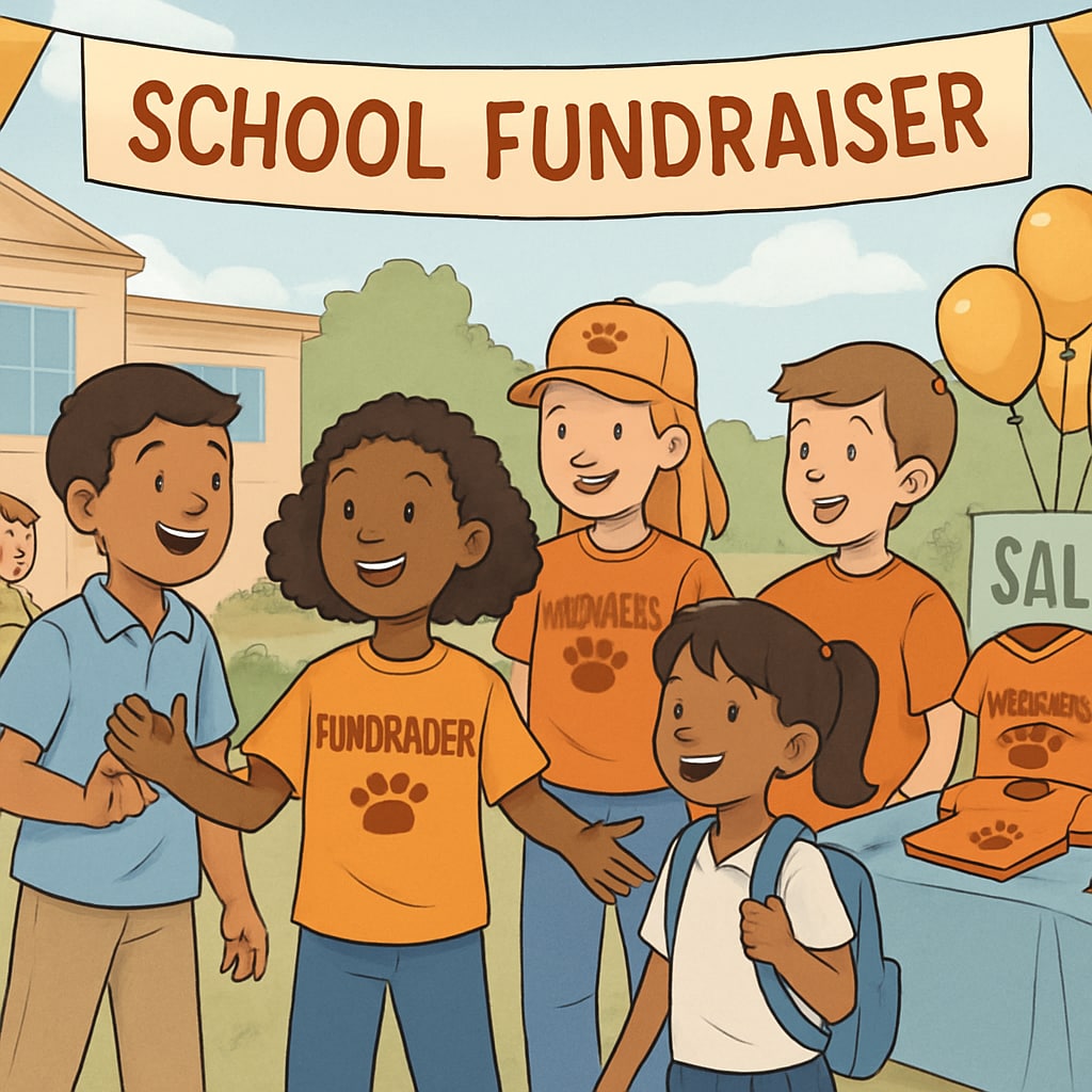 Students at a school event with visible fundraising rewards, highlighting inequality.