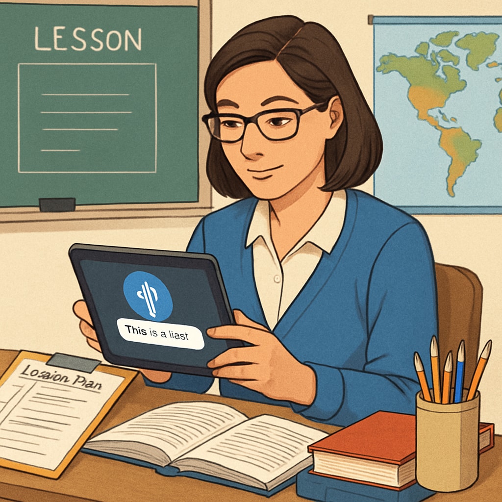 A teacher using a speech-to-text application on a tablet while preparing lesson plans in a classroom setting. Teacher using speech recognition software, improving efficiency and reducing workload.