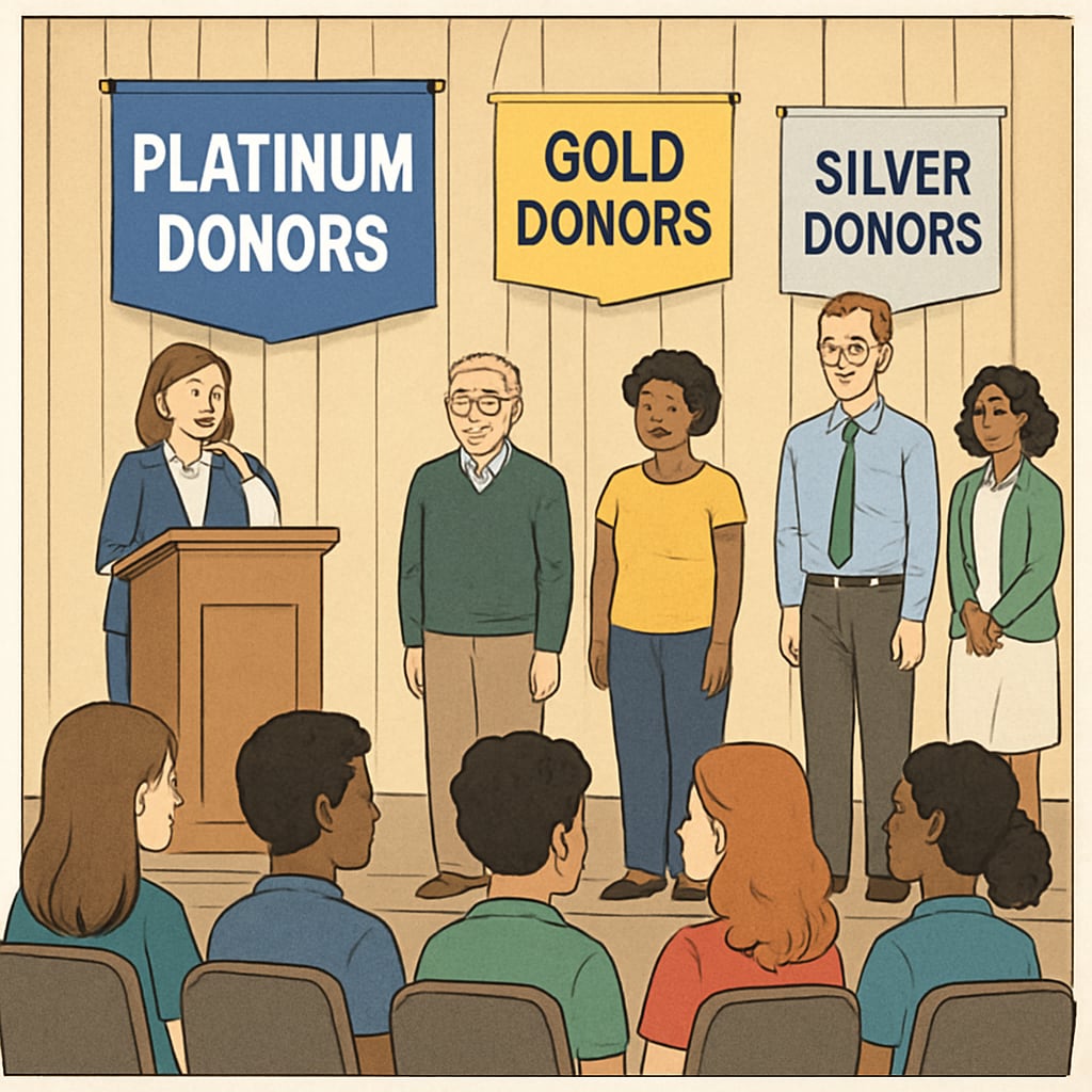 School assembly illustrating the disparity in recognition for different fundraising tiers.
