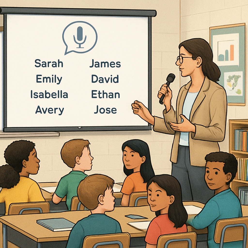 A classroom scene showing a teacher using a voice recognition tool to take attendance, with diverse student names displayed on the screen. Teacher leveraging speech-to-text technology for attendance in a diverse classroom.