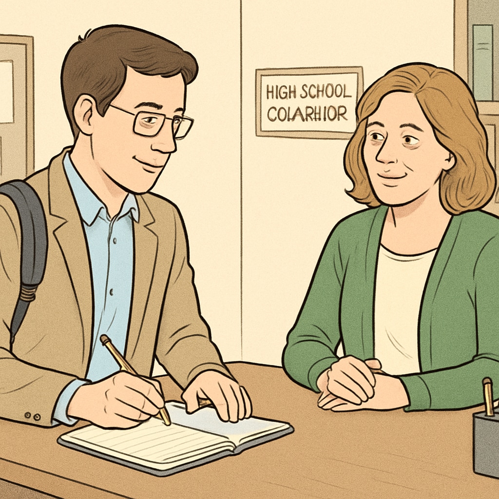 A graduate student conducting an interview with a school counselor, showcasing the professional development process.
