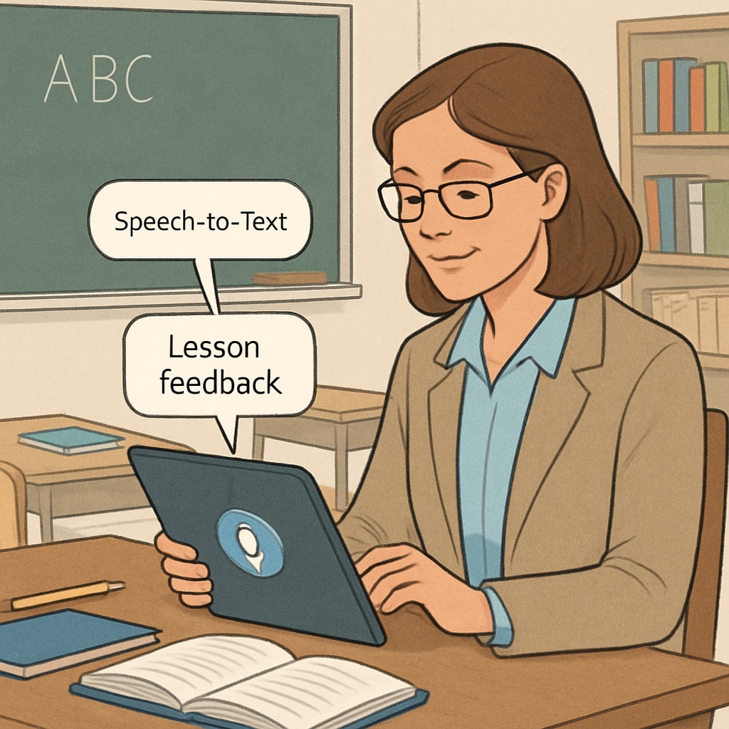 Teacher using speech-to-text technology to improve efficiency and reduce administrative tasks.