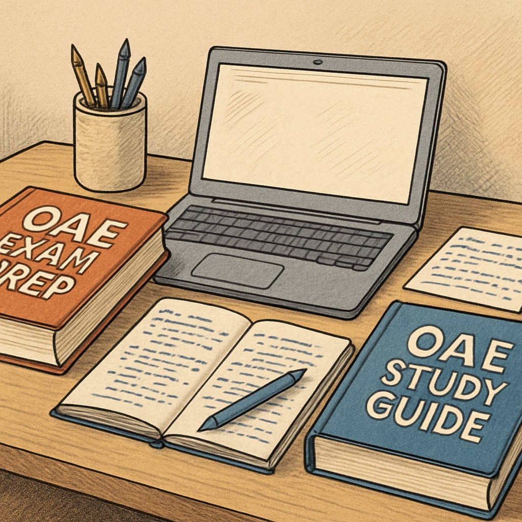 A study desk organized with OAE exam preparation materials such as books, notes, and a computer. The setting is designed to convey focus and readiness. Study desk with OAE exam preparation materials including books and notes