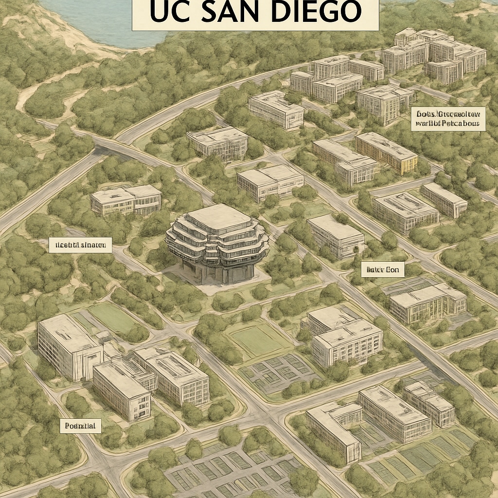 Aerial view of UC San Diego's campus, showcasing its facilities and infrastructure development. UC San Diego campus aerial view highlighting expansion efforts.