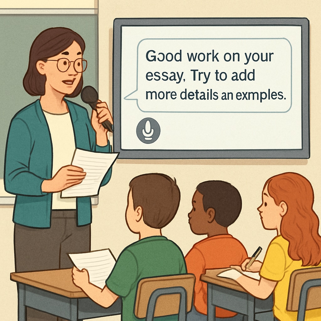 Teacher providing spoken feedback transcribed into text by a speech-to-text app.