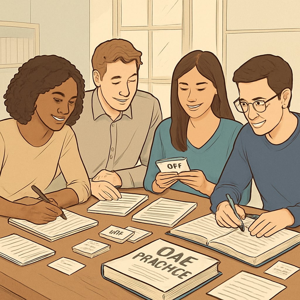 A group of students collaborating in a study session, surrounded by OAE practice materials like flashcards and notes. The image conveys teamwork and shared preparation. Students studying OAE exam materials in a group session