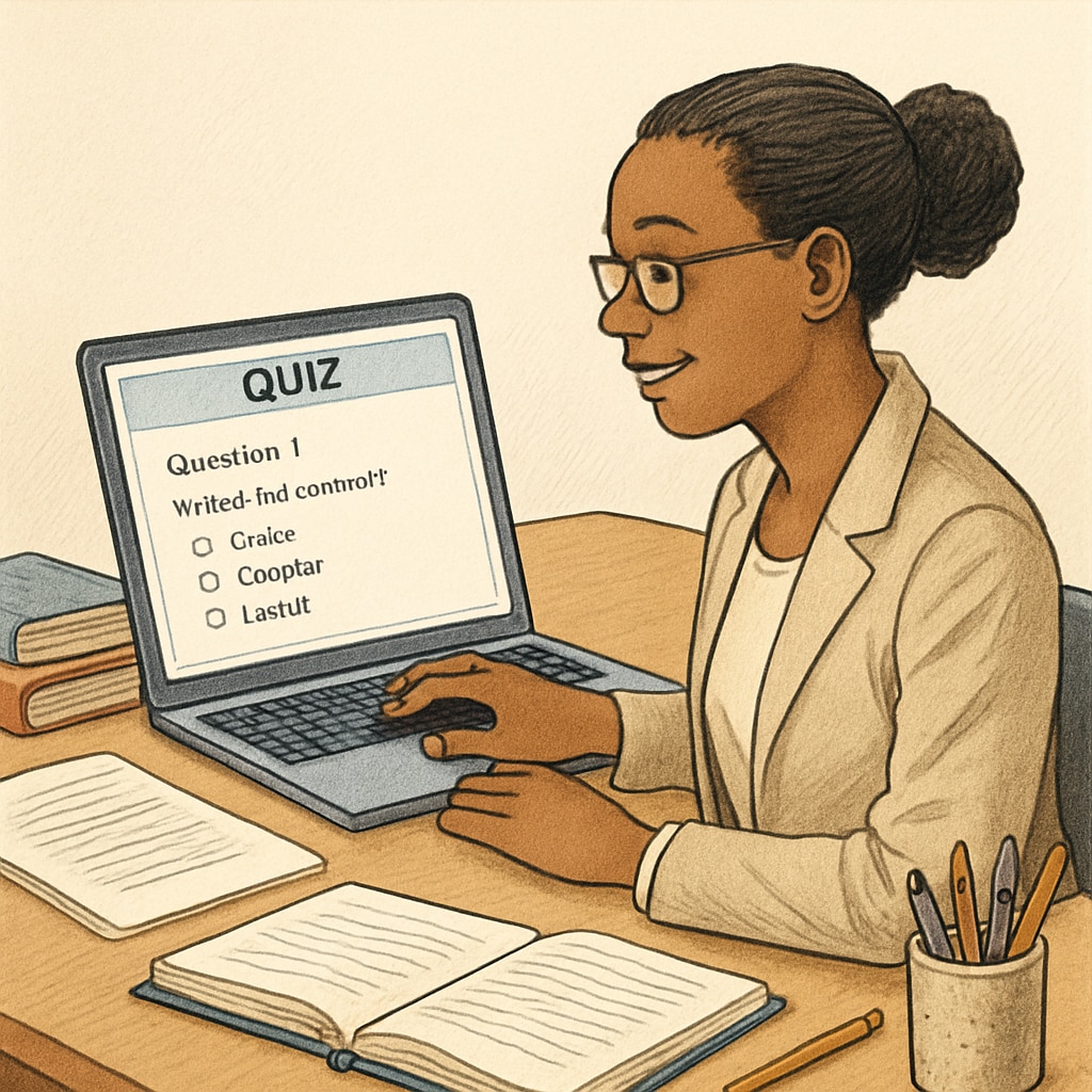 An educator using a laptop to create a student quiz on an interactive platform. Teacher creating a quiz on a free online assessment platform.