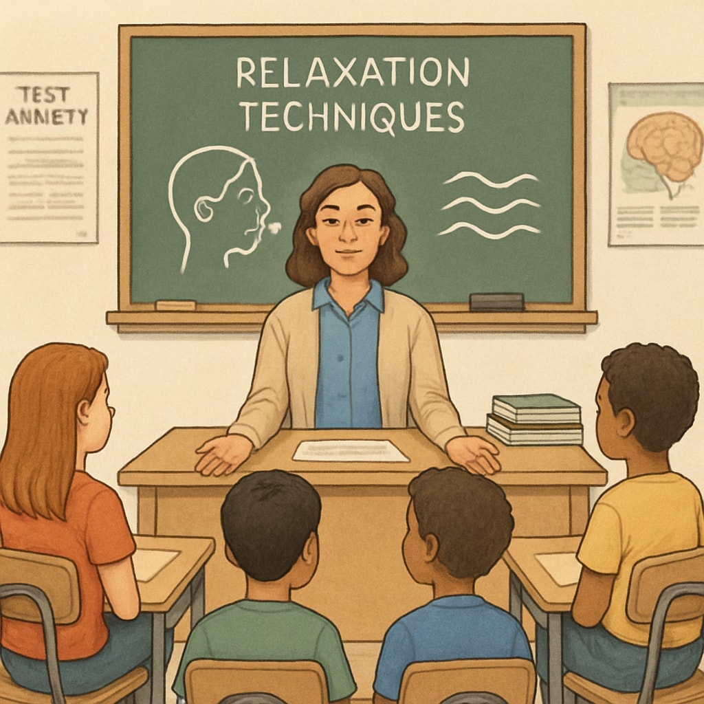 A teacher sitting calmly in a classroom, demonstrating relaxation techniques to reduce test anxiety. Teacher practicing relaxation methods to overcome test anxiety before the OAE.