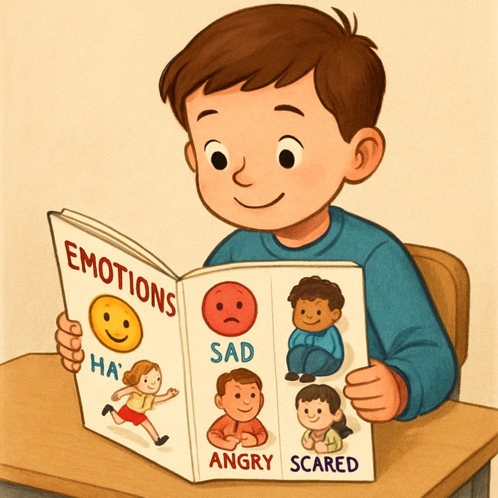 A child reading a colorful book on emotions, demonstrating how psychology can be introduced through relatable examples. Child reading a book about emotions as part of learning psychology.