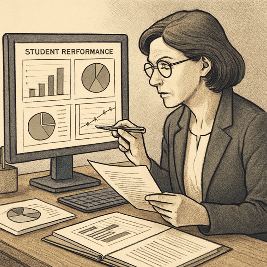 A teacher analyzing detailed student performance data on a professional tool. Teacher reviewing data on a professional assessment platform.