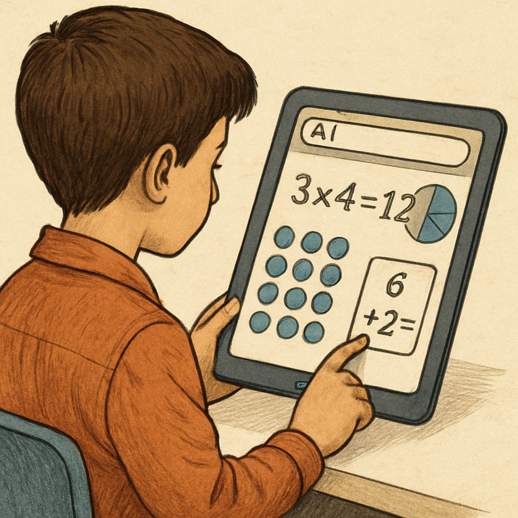 A student using an AI-powered educational app on a tablet to learn math concepts. A student engaging with an AI educational app, a key example of AI in school education.