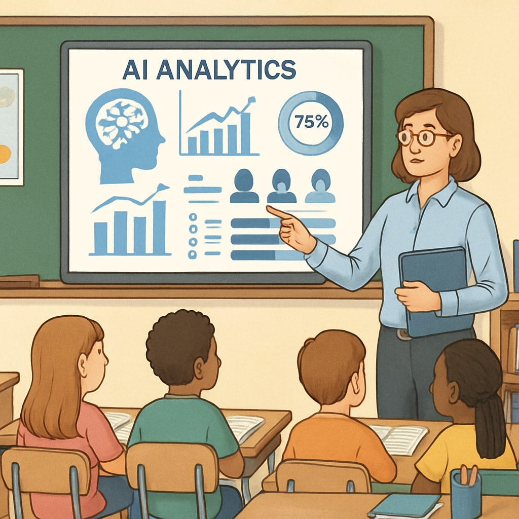 A teacher using AI analytics on a smartboard to identify students’ learning progress. A teacher leveraging AI analytics to enhance classroom learning and student outcomes.