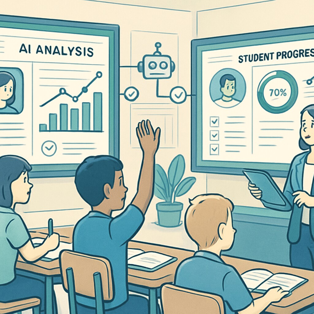 A futuristic classroom setting with AI-powered tools analyzing student progress, including digital screens and engaged students. AI in education transforming classroom learning with personalized tools