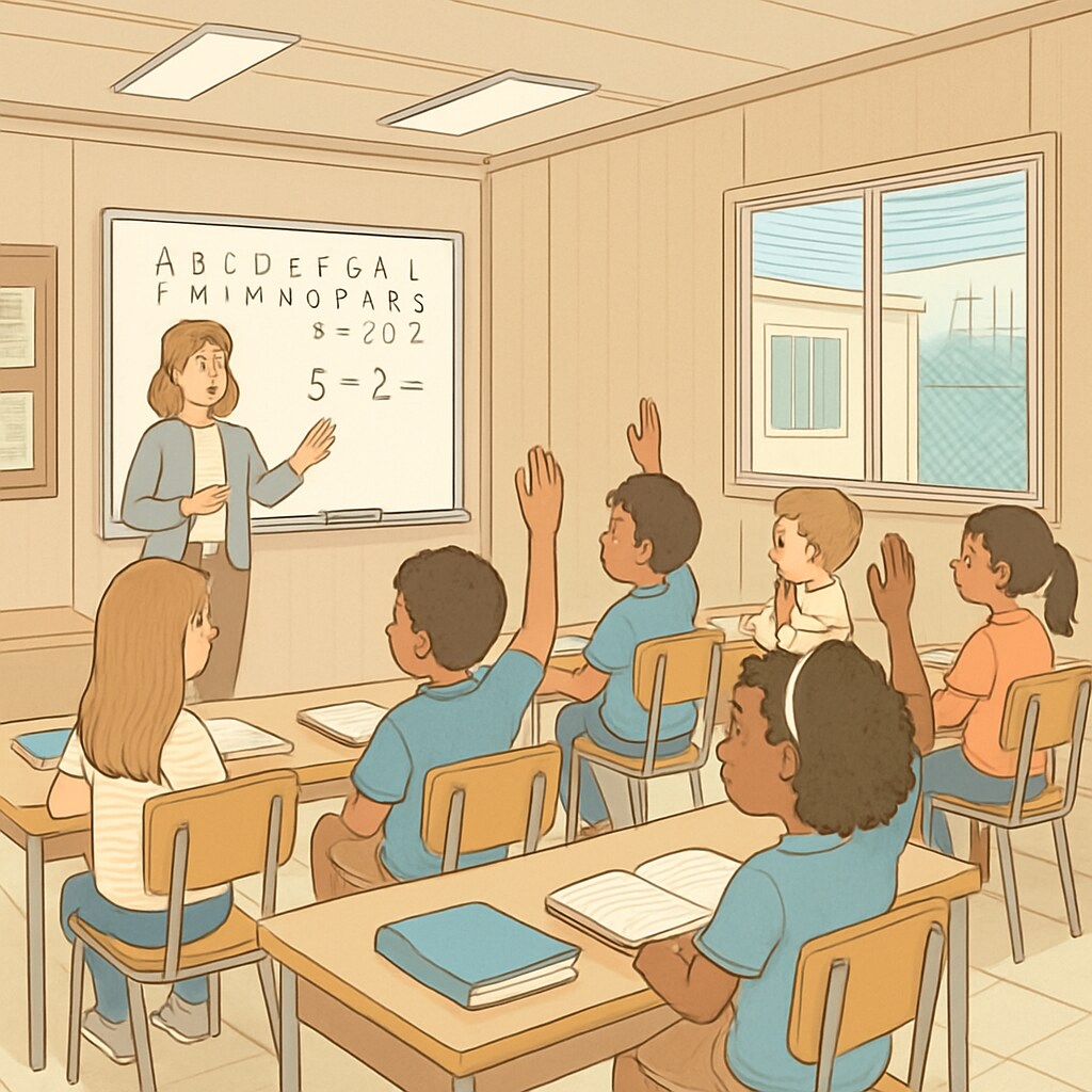 A group of elementary school students attending class in a modular classroom setting, indicative of a temporary campus during school renovations. Elementary students in modular classrooms, showing adaptation to temporary campuses.