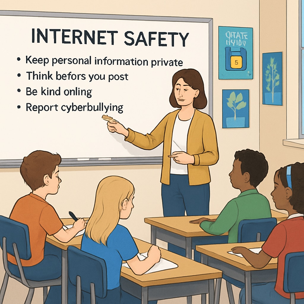 A classroom setting where students are being taught about internet safety and responsible digital citizenship. Students learning about internet safety and digital citizenship in a classroom.