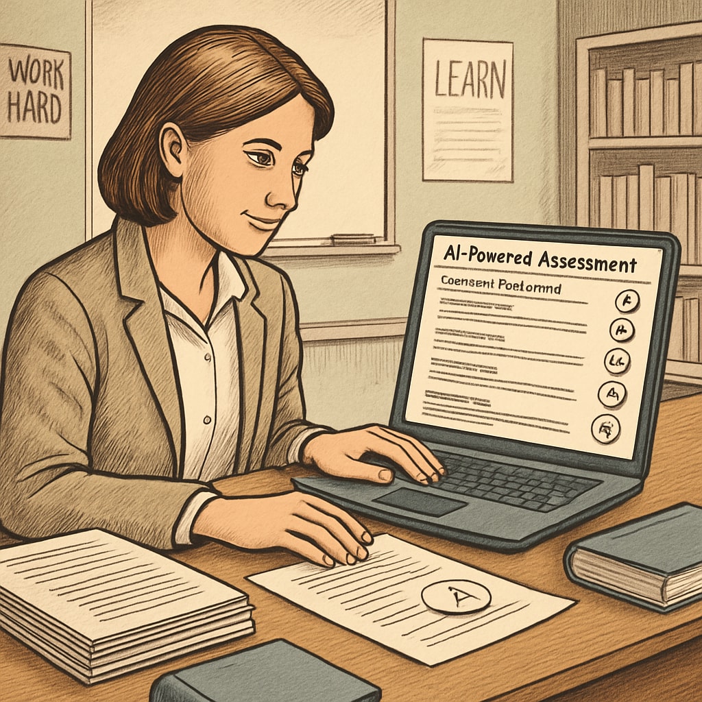 A teacher using an AI-powered assessment tool to automatically grade student assignments on a digital platform. AI-driven assessments improving grading efficiency in education