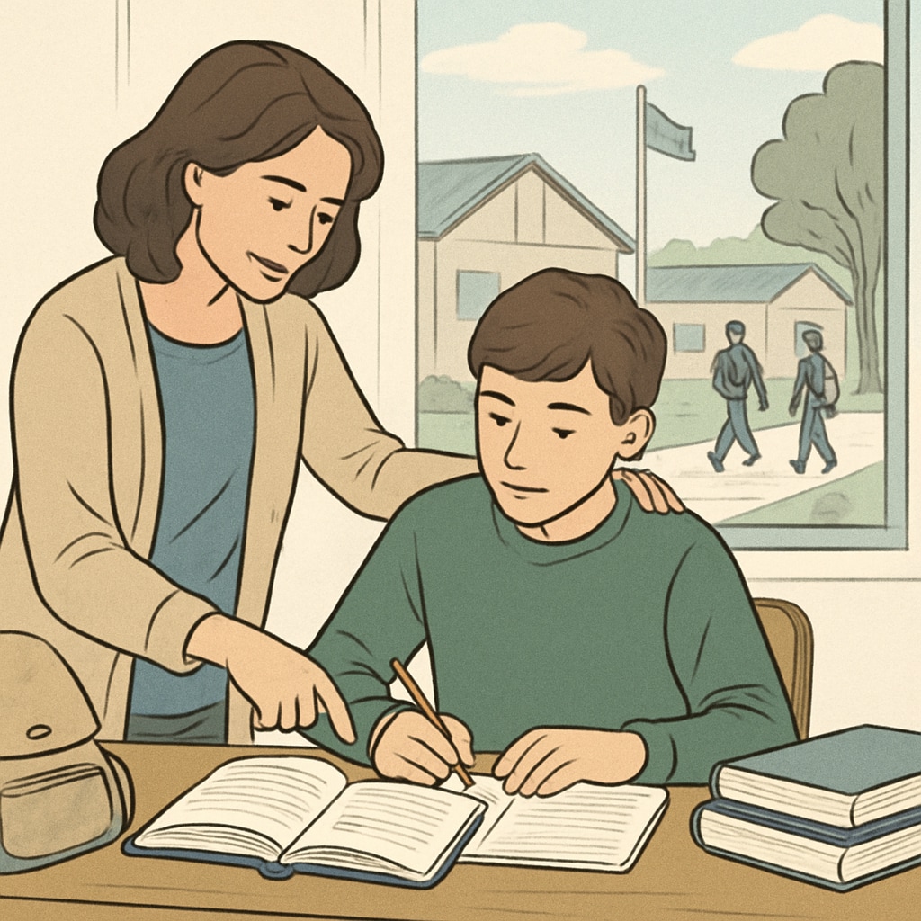 A parent helping their child adjust to a new study routine in a temporary campus setting, emphasizing parental involvement. Parent and child working together to adapt to temporary campus changes.