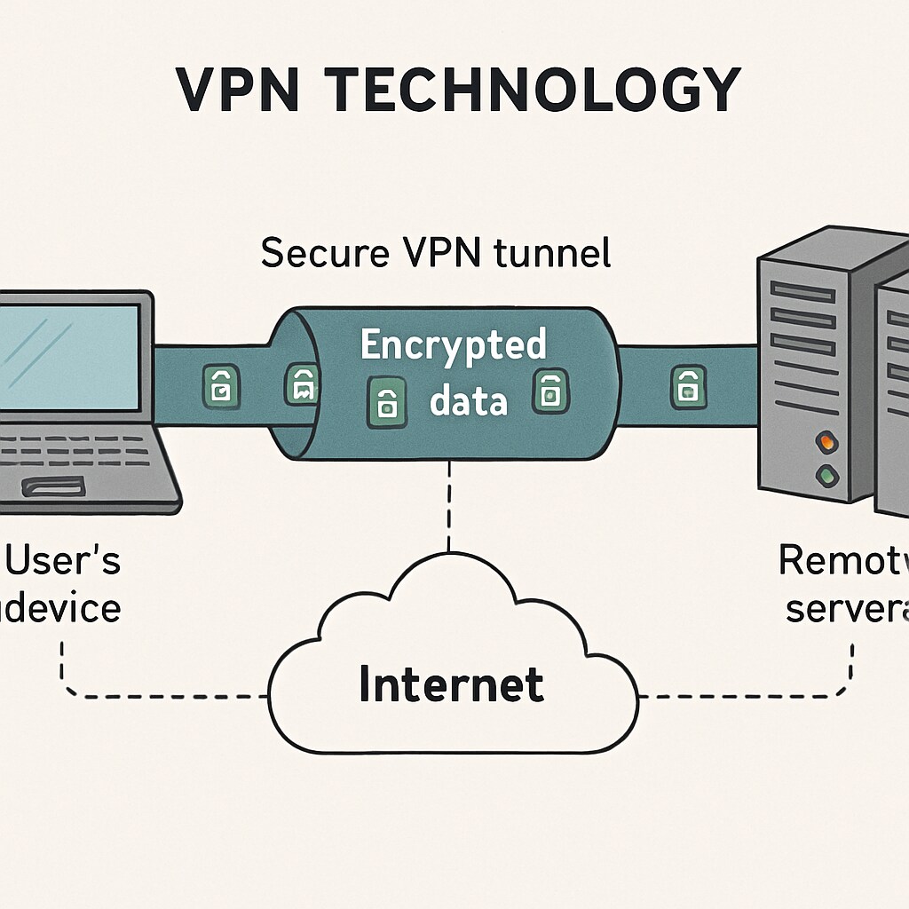 A visual representation of VPN technology, showing how it encrypts data and routes traffic through remote servers. Diagram showing how VPNs work to encrypt data and provide online security.