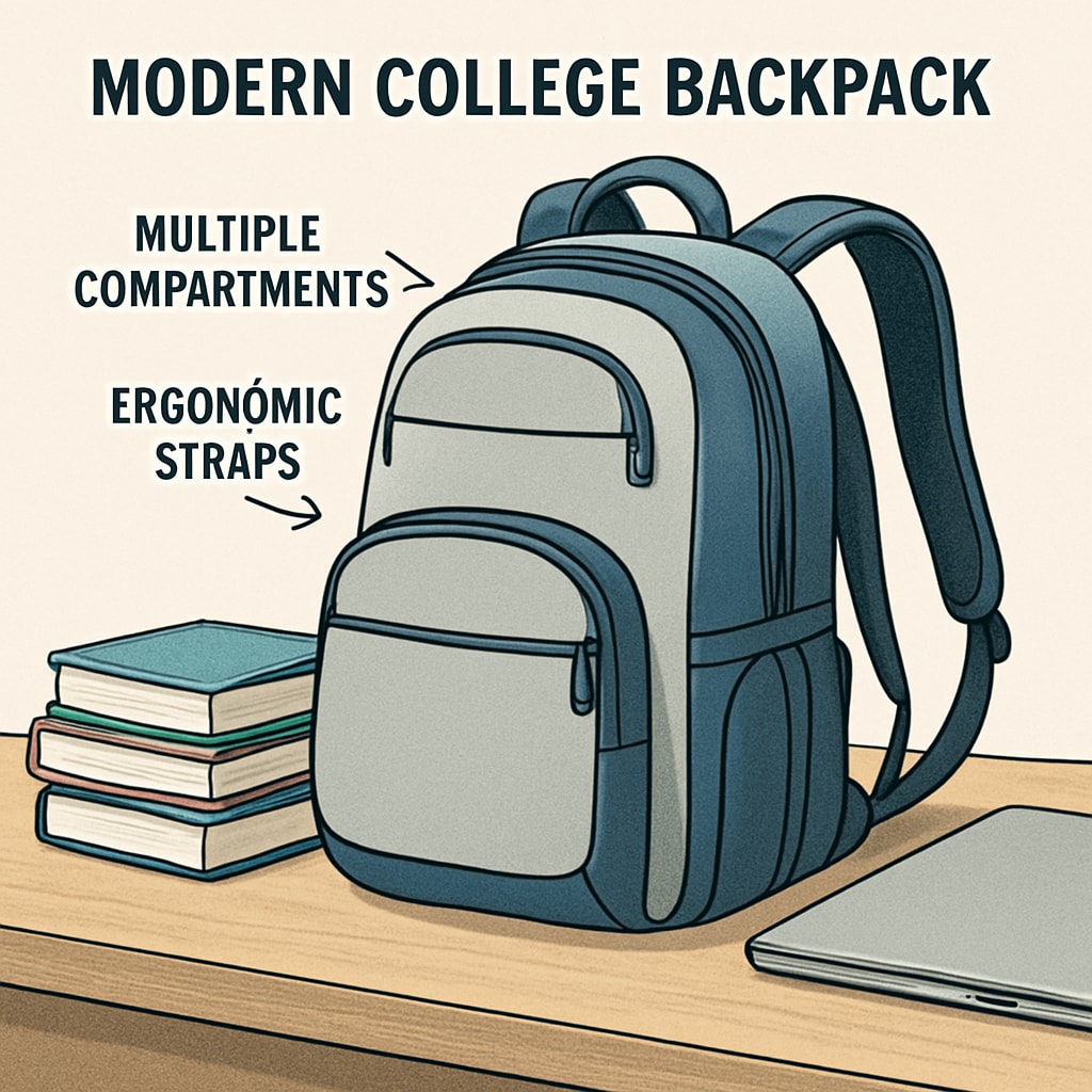 A modern college backpack with multiple compartments and ergonomic straps, displayed on a desk with textbooks and a laptop. College backpack with compartments, ergonomic straps, textbooks, and laptop.