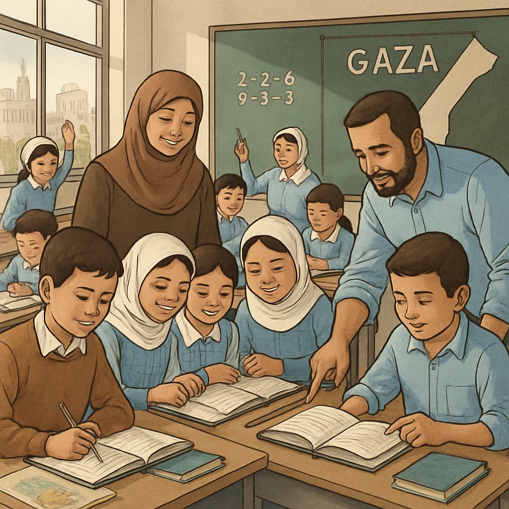 Gaza classroom with students and teachers collaborating on rebuilding education.