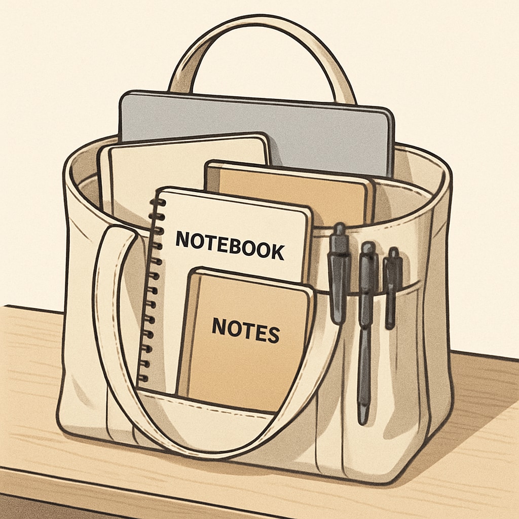 A tote bag organized with university essentials like a laptop and notebooks.