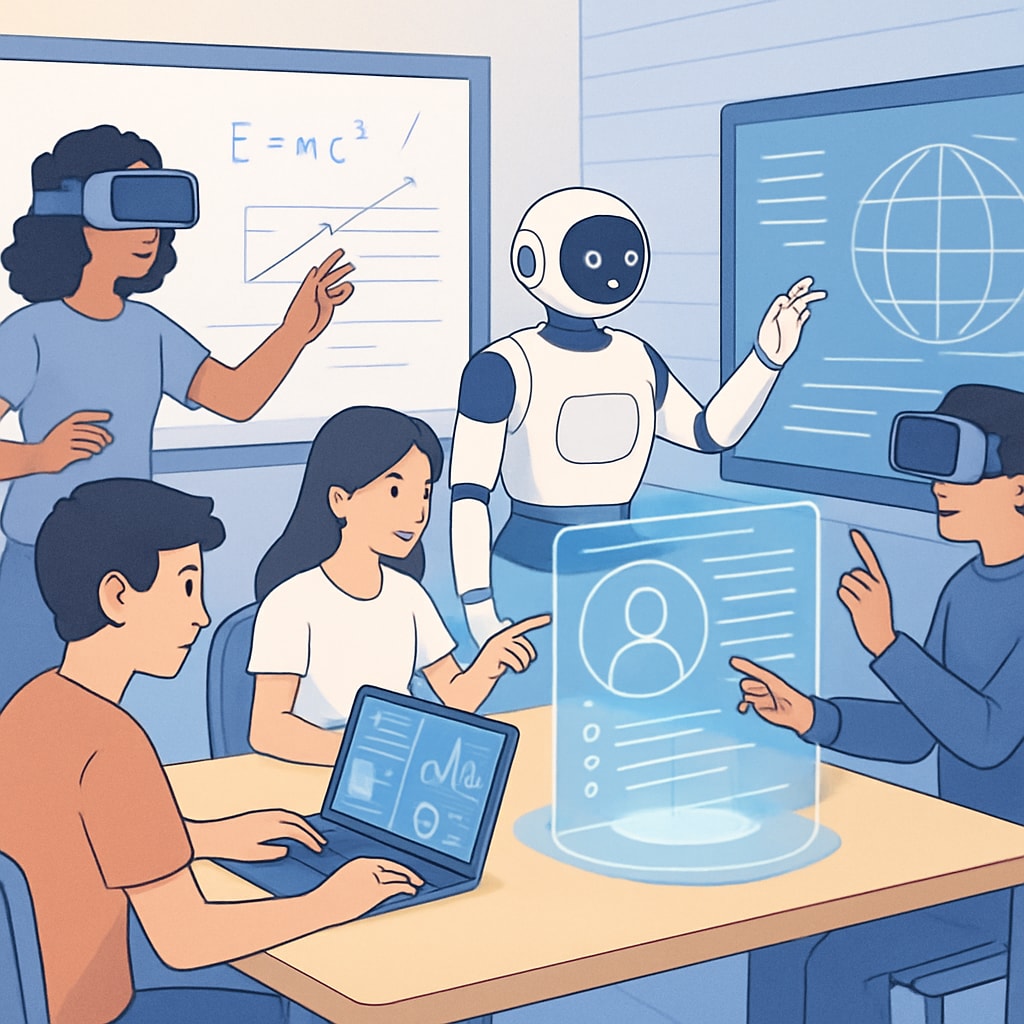 An interactive virtual classroom where students use AI and VR technologies to explore content in real-time. Virtual classroom with AI and VR tools enhancing student engagement