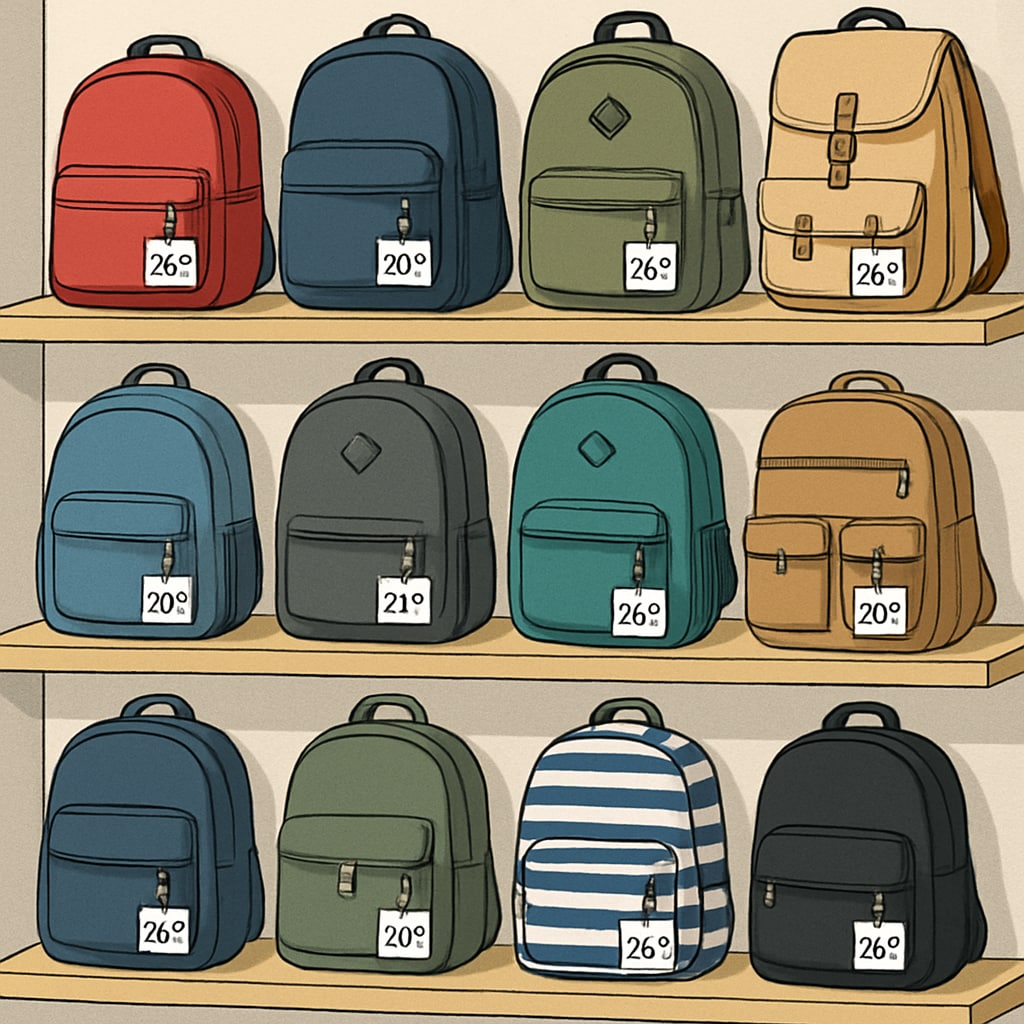 Affordable college backpacks displayed in a retail store with various designs and price tags. Affordable college backpacks in a store with various designs and price tags.