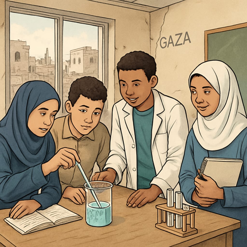 Gaza students performing a science experiment in a classroom.