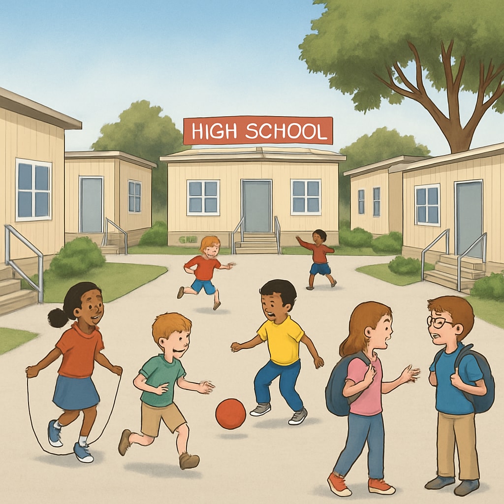 A photo of a temporary school campus with elementary students playing in a high school courtyard. Temporary school campus with elementary students playing in a high school courtyard.
