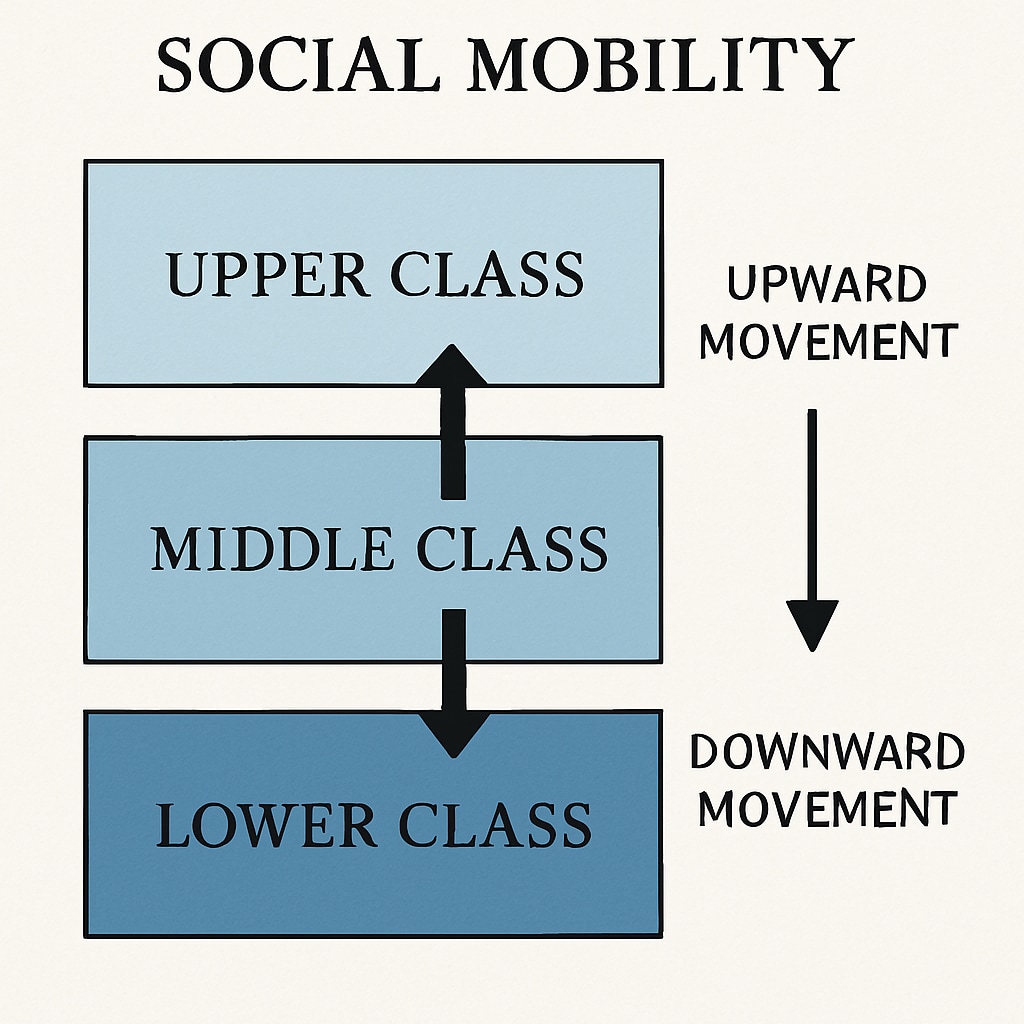 A conceptual diagram illustrating social mobility within class systems, with arrows showing upward and downward movement. Social mobility diagram within class systems illustrating movement.