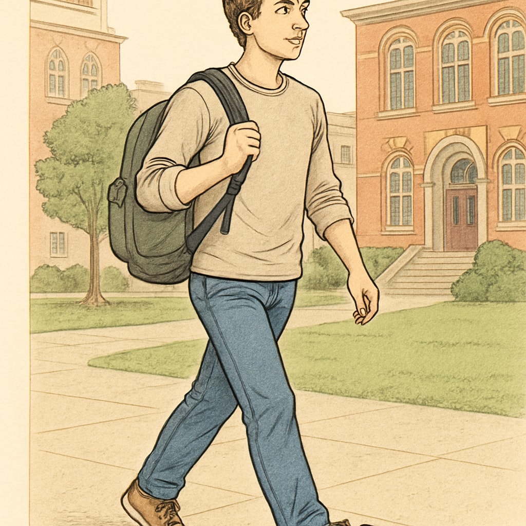 University student with practical backpack walking across campus