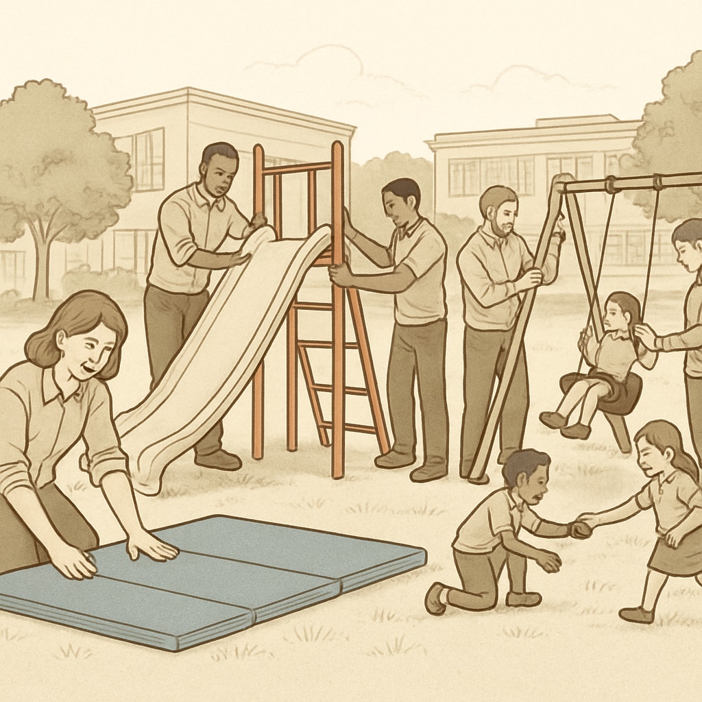 Parents and teachers collaborating to set up a temporary play area for elementary students in a high school campus. Parents and teachers setting up a temporary play area for elementary students.