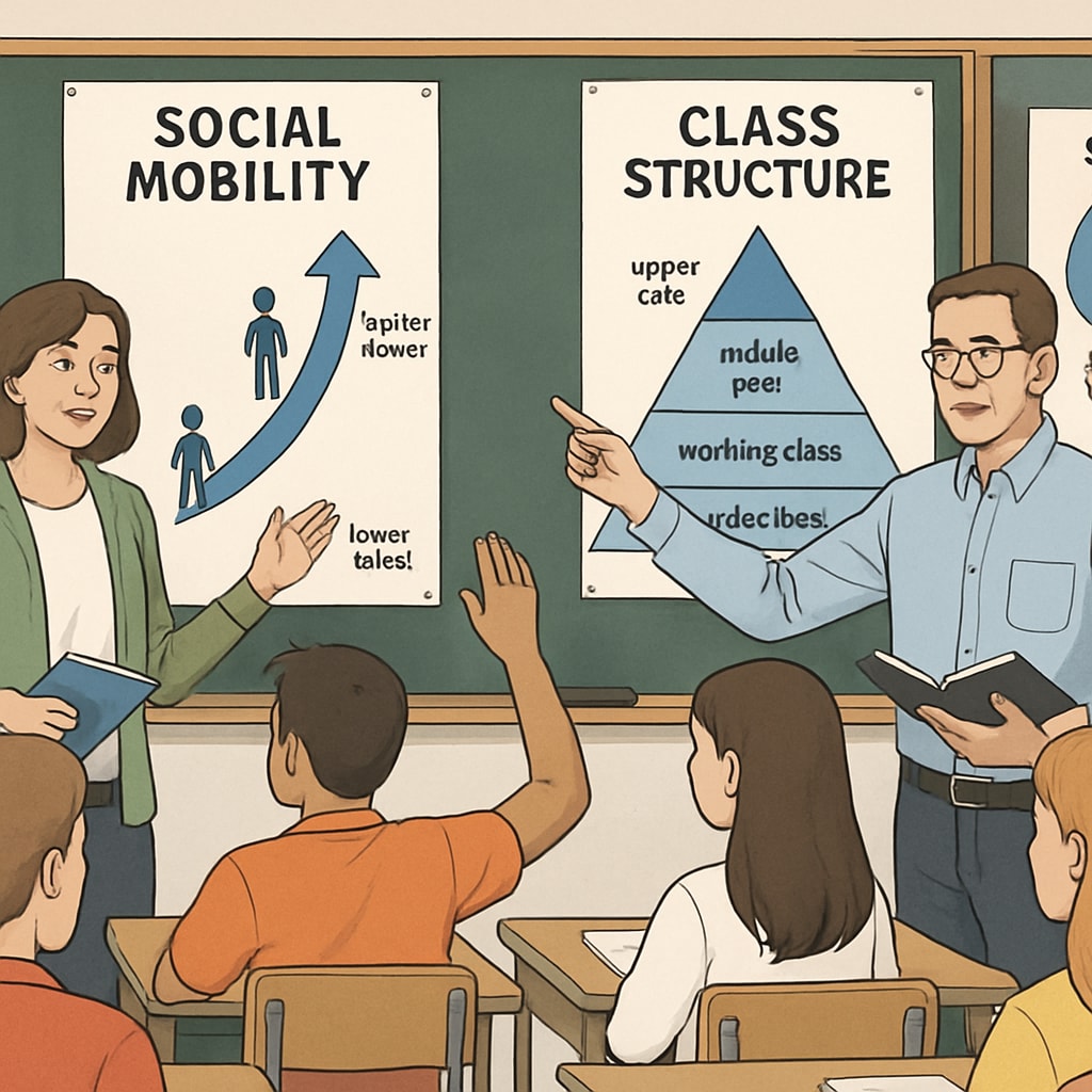 A classroom setting where students and teachers interact with visual aids explaining social mobility and class structures. Classroom teaching social mobility and class systems with visual aids.