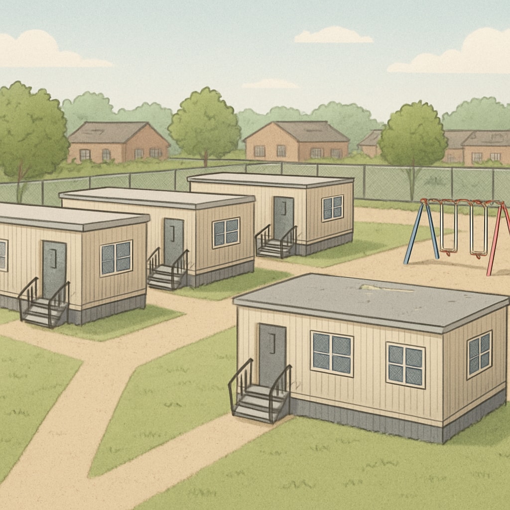 A temporary classroom setup with trailer classrooms and limited outdoor play areas, illustrating the environment described in the article. Temporary classrooms with limited outdoor play facilities for elementary students.
