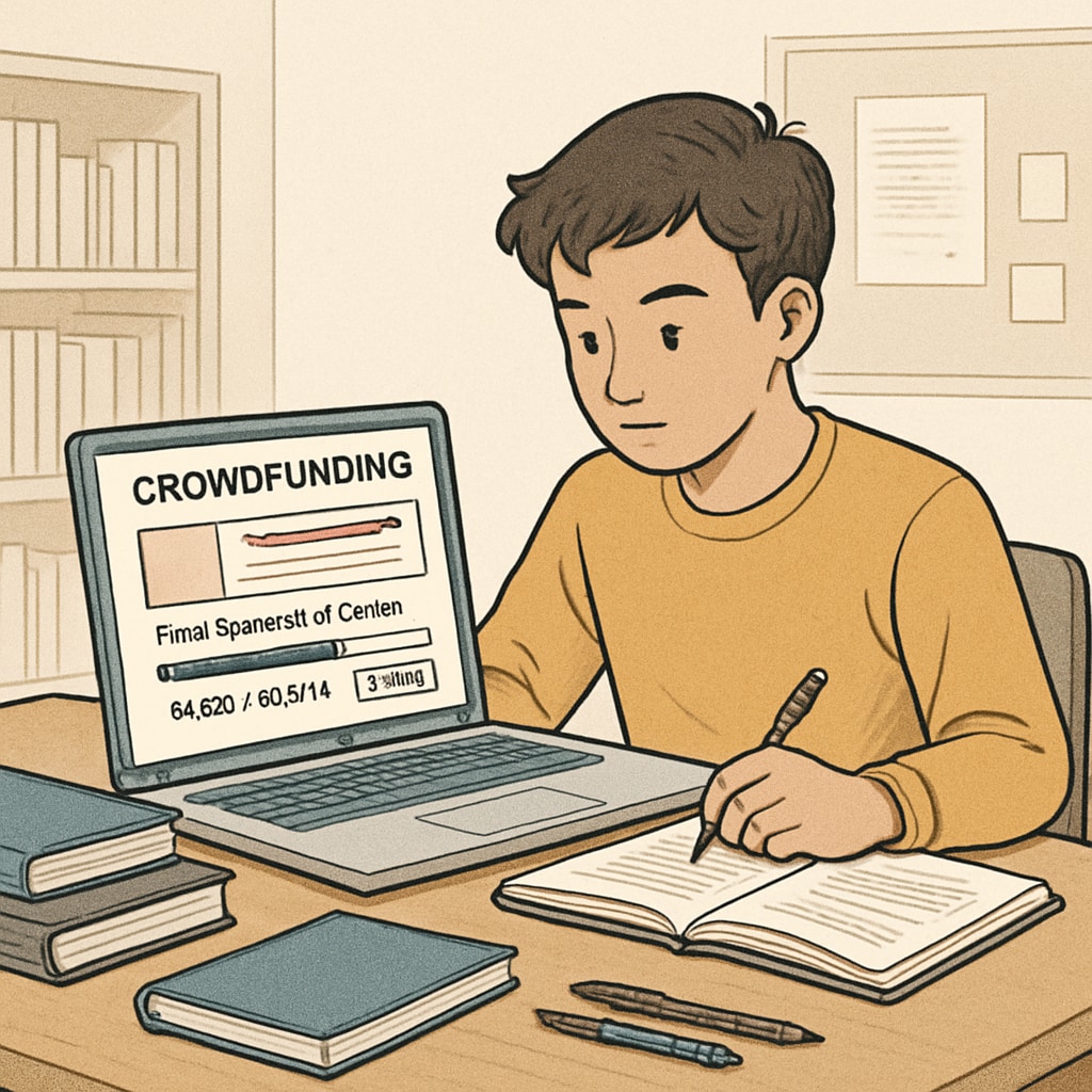 A young student sitting at a laptop, creating a crowdfunding campaign to pay for their final semester of college. Student creating a crowdfunding campaign for their final semester of college.