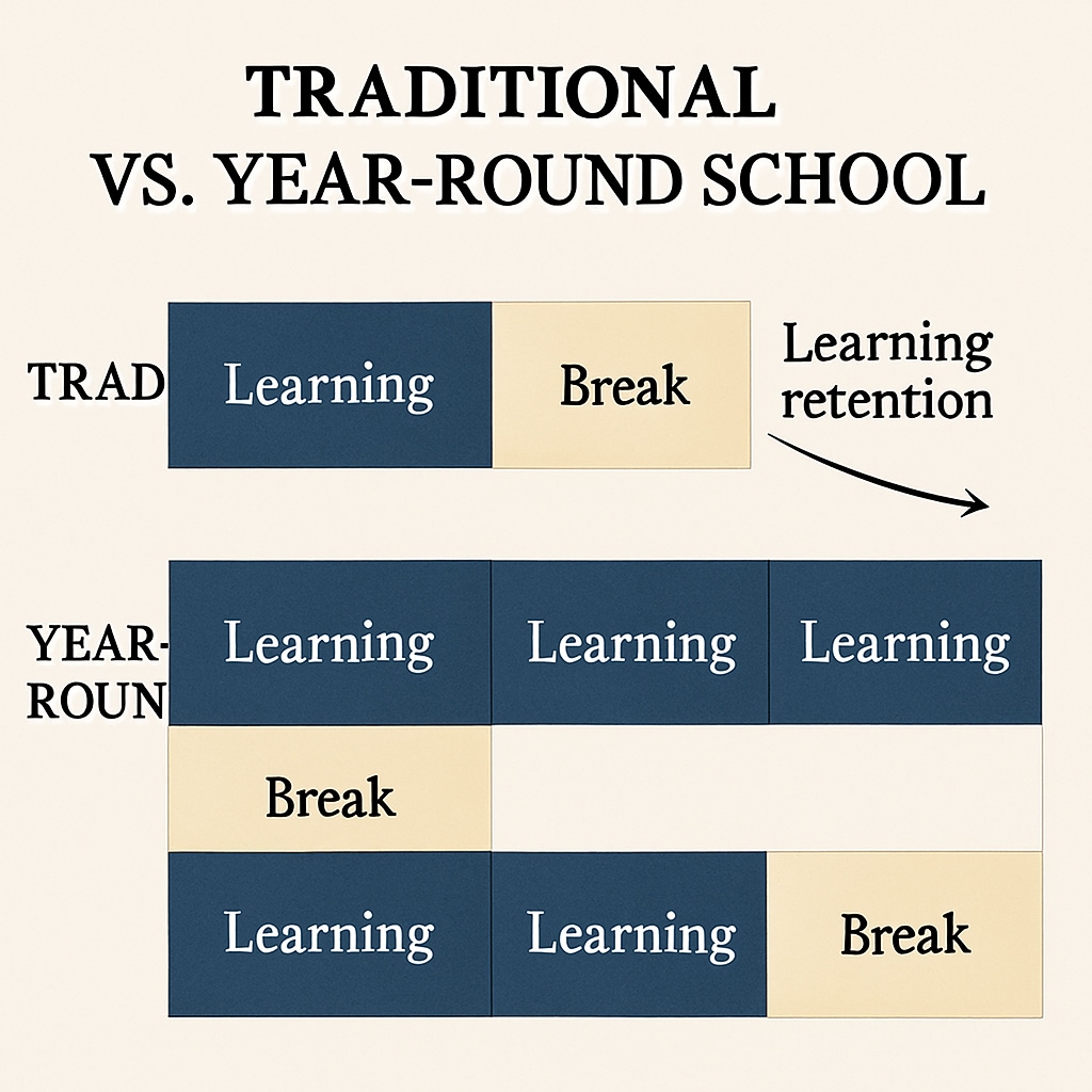 Graph comparing traditional and year-round school schedules, highlighting differences in break distribution and learning retention. Chart displaying year-round schooling advantages for learning retention.
