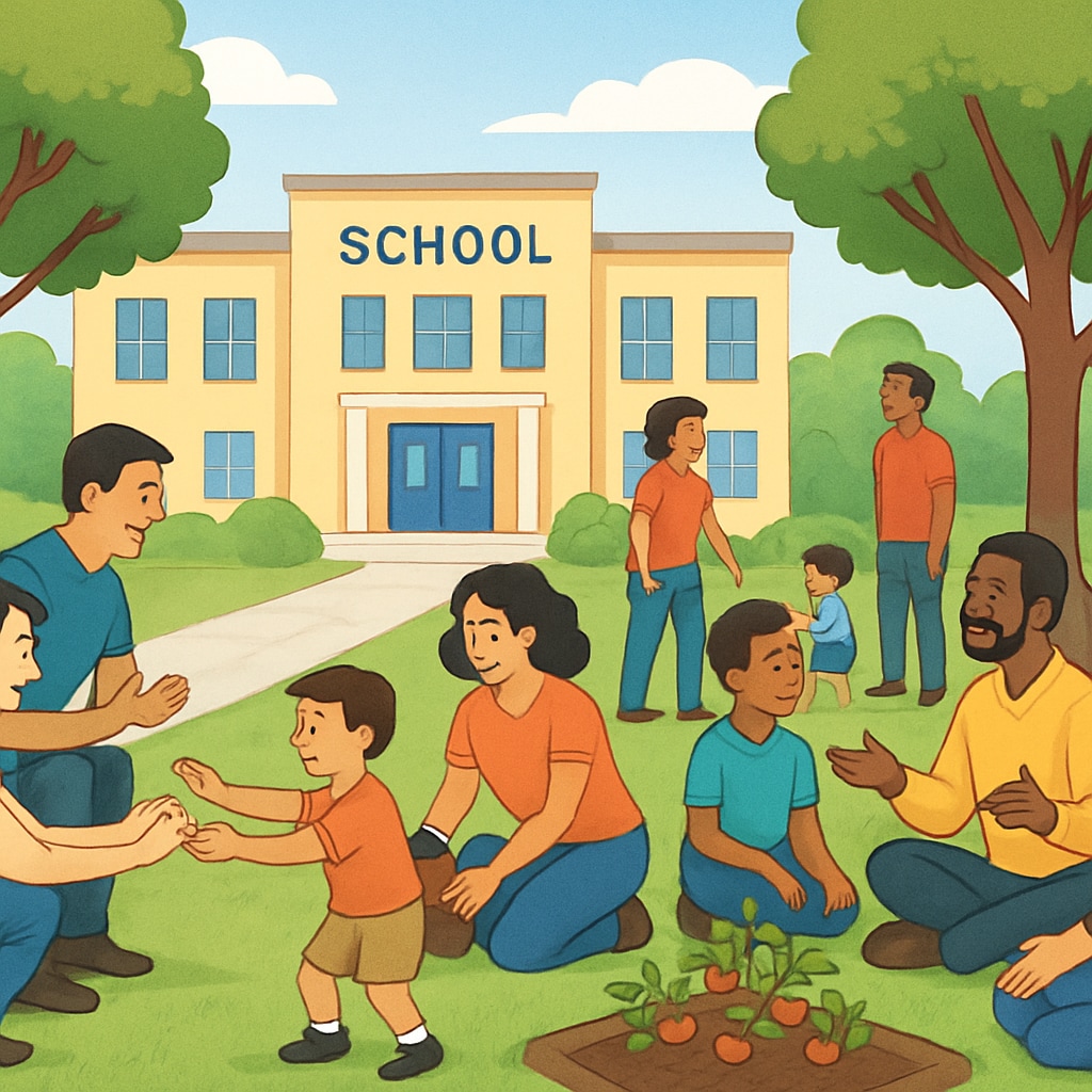 Parents and children participating in a community-organized outdoor activity near a school, showcasing parental involvement efforts. Parents and children engaging in outdoor activities to supplement limited school facilities.