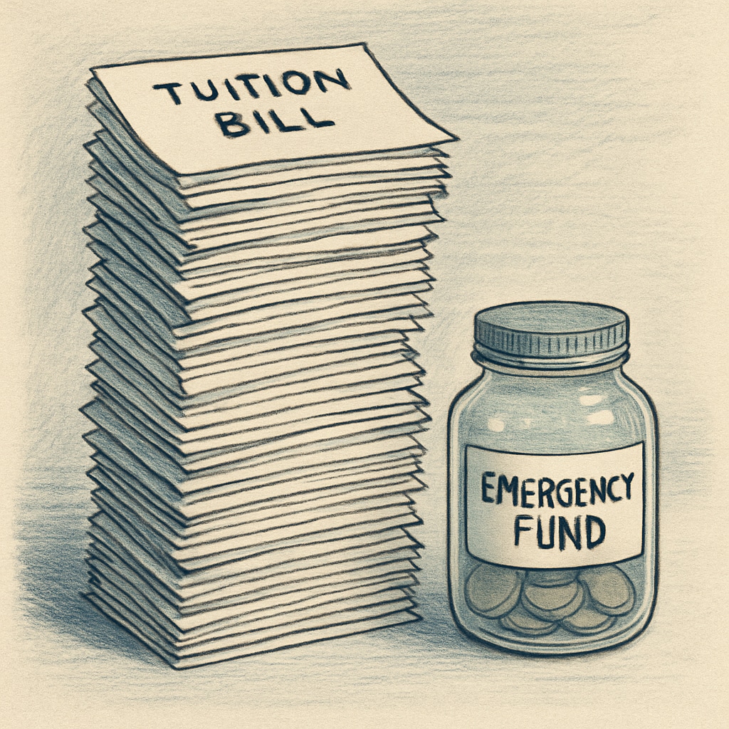 A growing stack of tuition bills placed beside a small jar labeled Tuition bills and emergency fund jar highlighting financial strain.