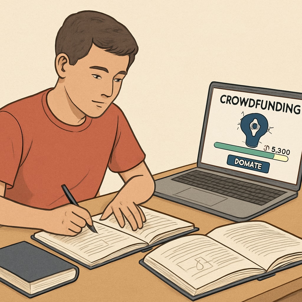 A young student sitting at a desk, reviewing textbooks and writing notes, with a laptop open showing a crowdfunding campaign. A student working on a crowdfunding campaign to address tuition struggles and medical school costs.