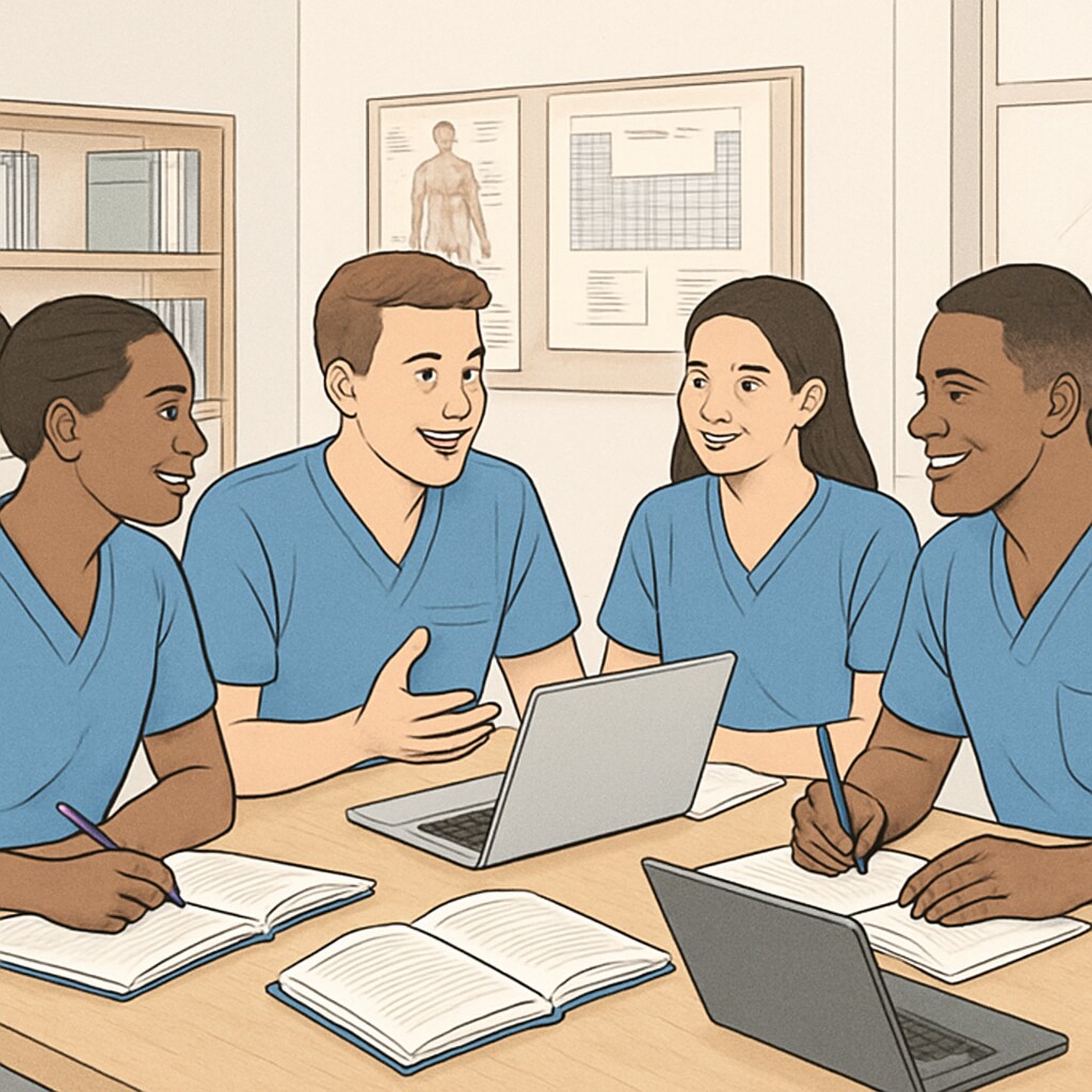 A group of nursing students collaborating in a study session with notebooks and laptops, emphasizing the social aspect of learning. Nursing students participating in a study group with laptops and notebooks.