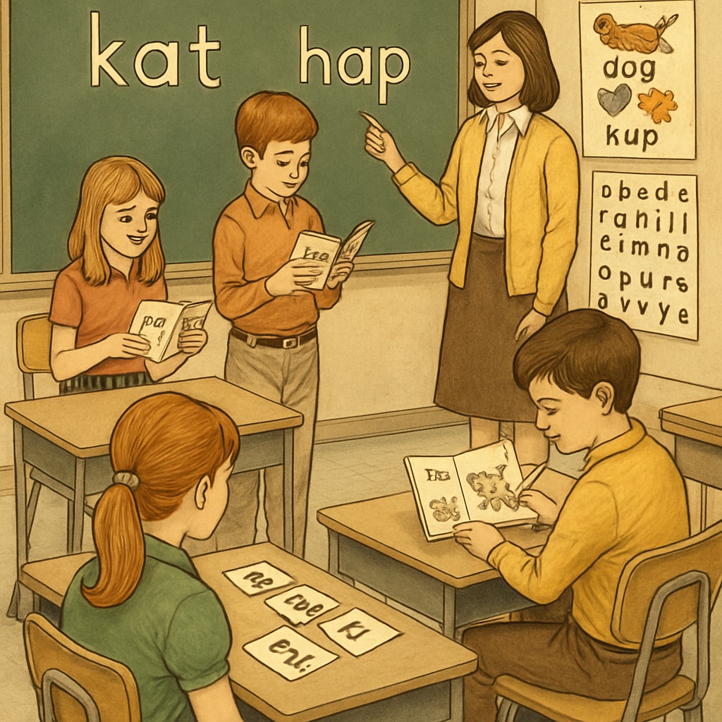 A classroom in the 1970s showing children learning with ITA materials. Children in a 1970s classroom studying with Initial Teaching Alphabet materials.